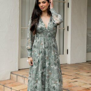 Baltic Born Jolie Embroidered Tulle Dress | Sage + Gold Floral Size LL